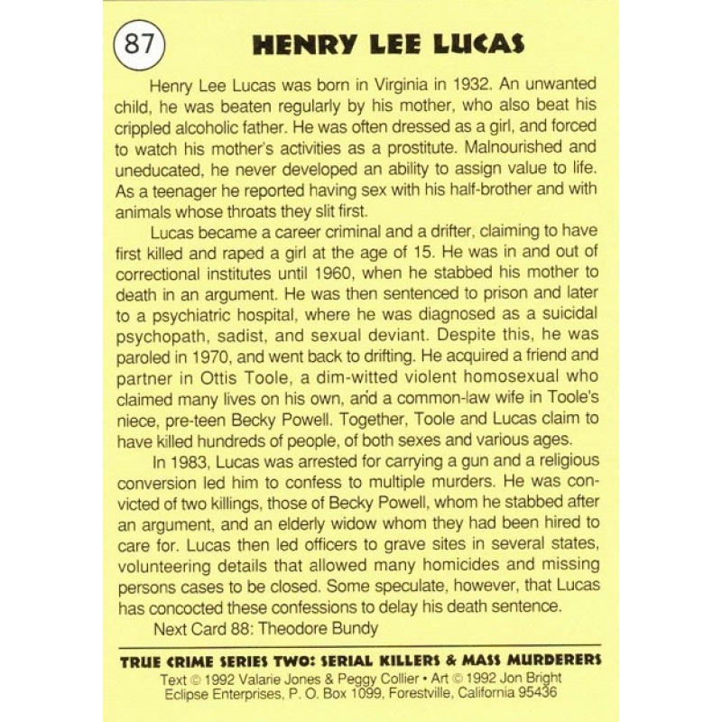 HENRY LEE LUCAS TRUE CRIME SERIES 2 TRADING CARD; CARD NO. 87