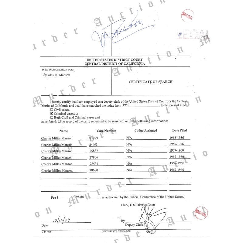 Charles Manson Signed U.S. District Court Certificate Of Search (1955-1960 Arrest History), Manson Family