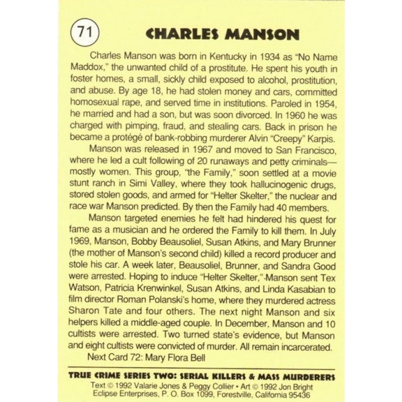 CHARLES MANSON SERIES 2 TRUE CRIME TRADING CARD; CARD NO. 71