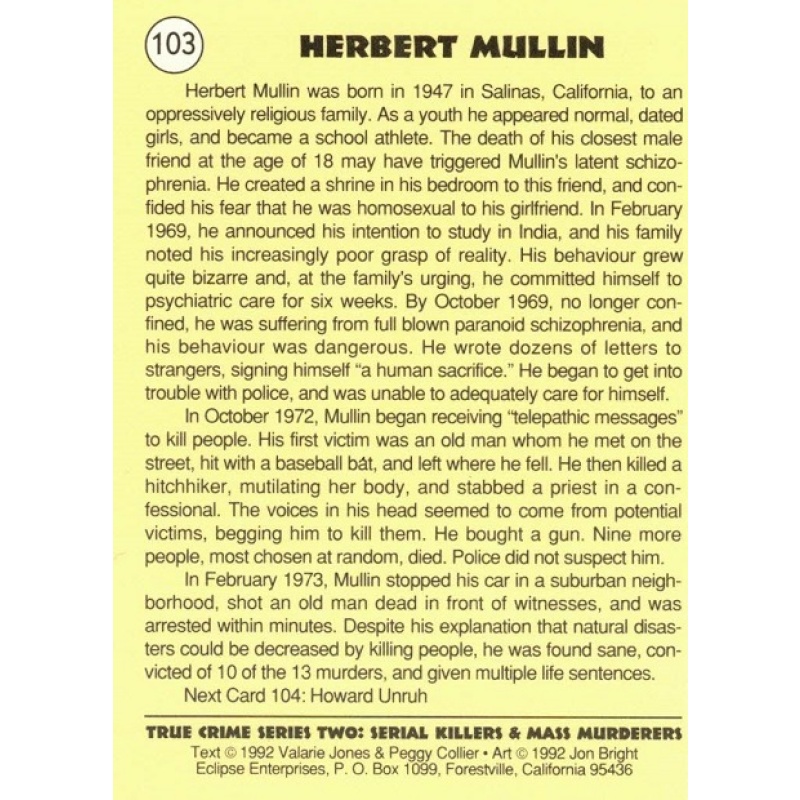 HERBERT MULLIN TRUE CRIME SERIES 2 TRADING CARD; CARD NO. 103