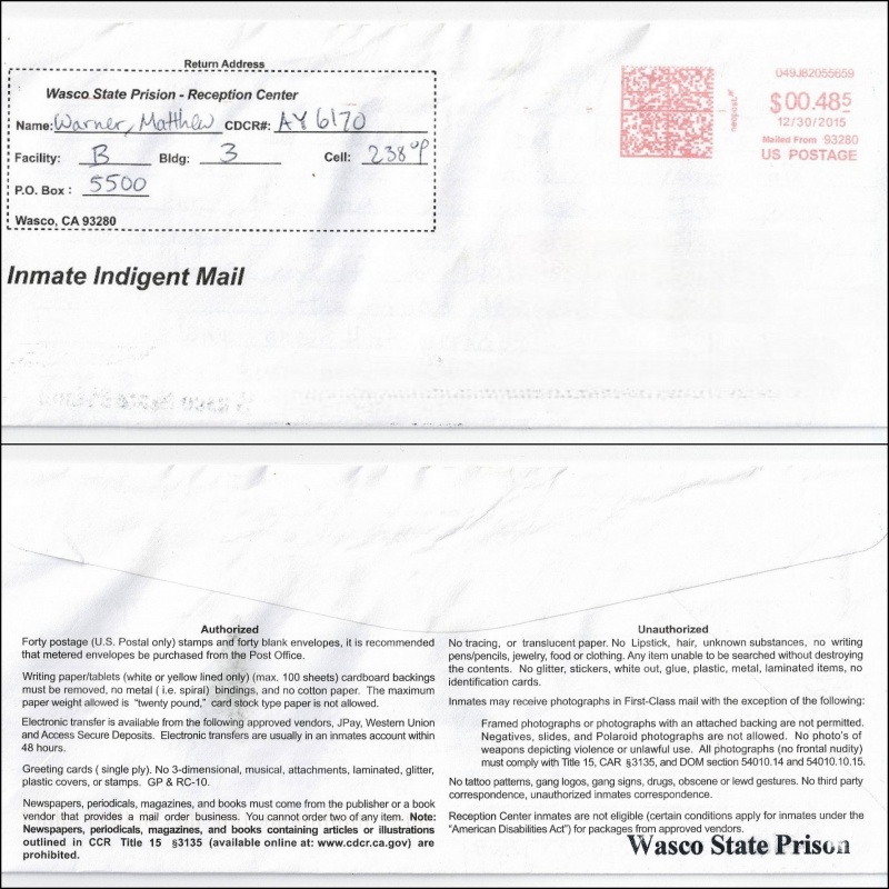 MATTHEW BRENDAN WARNER | Raped his 3-week-old daughter to death | Sentenced to 50 years to life | Lot of 2 Autographed Letters/ Envelopes Signed. SEALED.