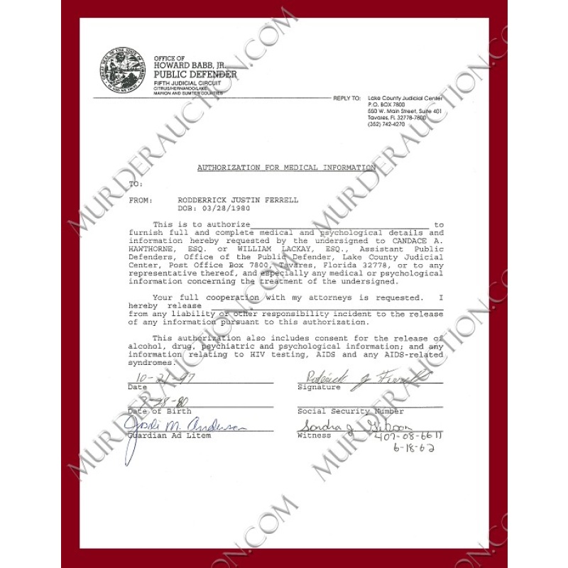 Roderick Ferrell signed Authorization For Medical Information 10/21/1997