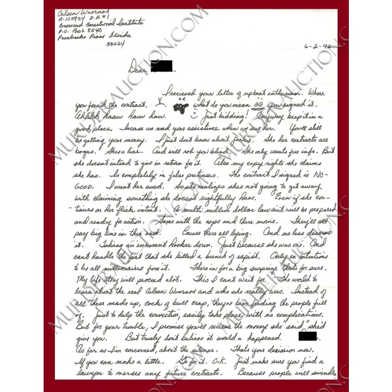 Aileen Wuornos letter 6/2/1992 EXECUTED