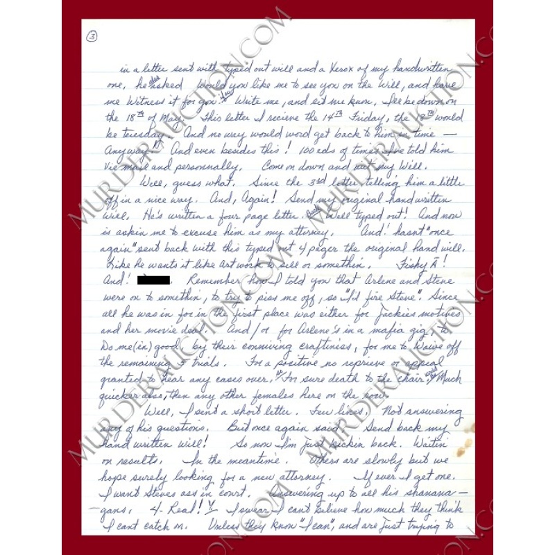 Aileen Wuornos letter 6/3/1993 EXECUTED