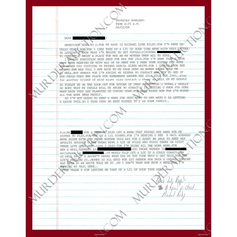 Michael Riley letter/envelope 4/2/2009 EXECUTED