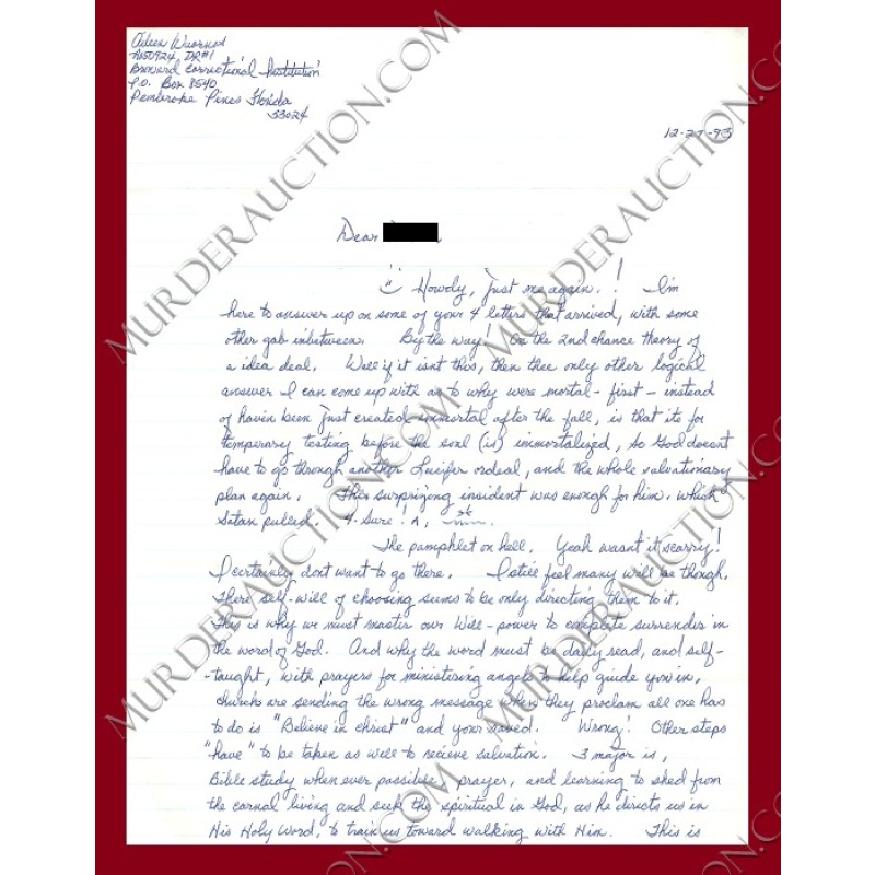 Aileen Wuornos letter/envelope 12/27/1993 EXECUTED