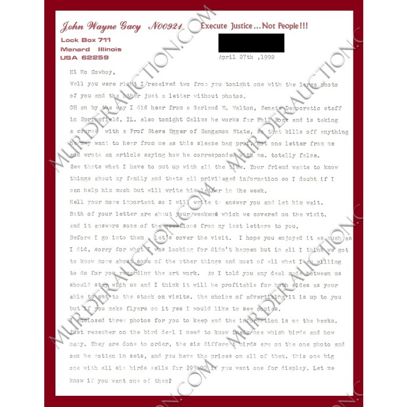 John Wayne Gacy letter/envelope 4/27/1992 EXECUTED