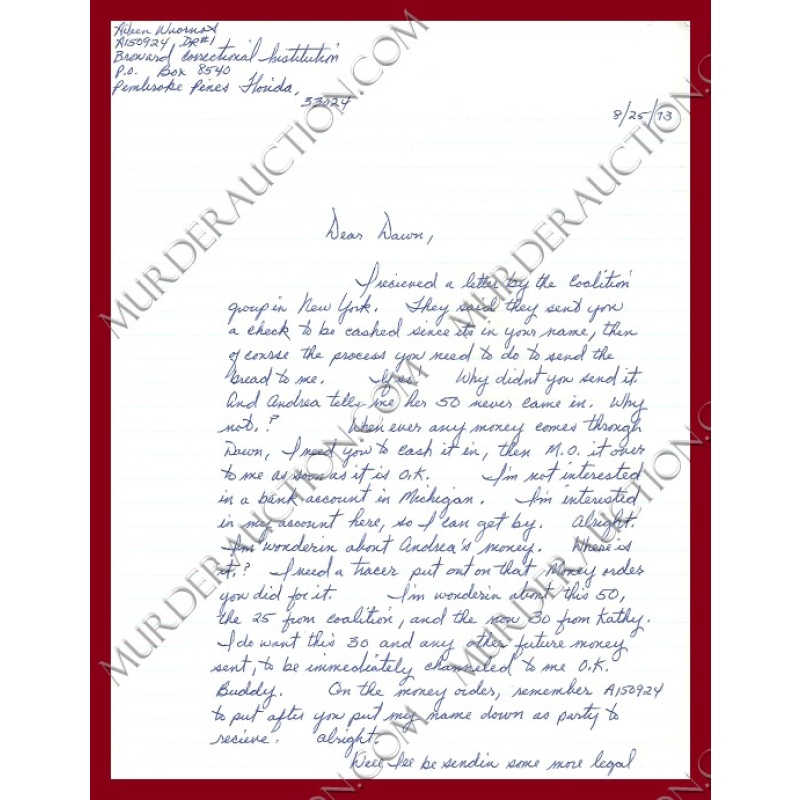 Aileen Wuornos letter/envelope 8/25/1993 EXECUTED