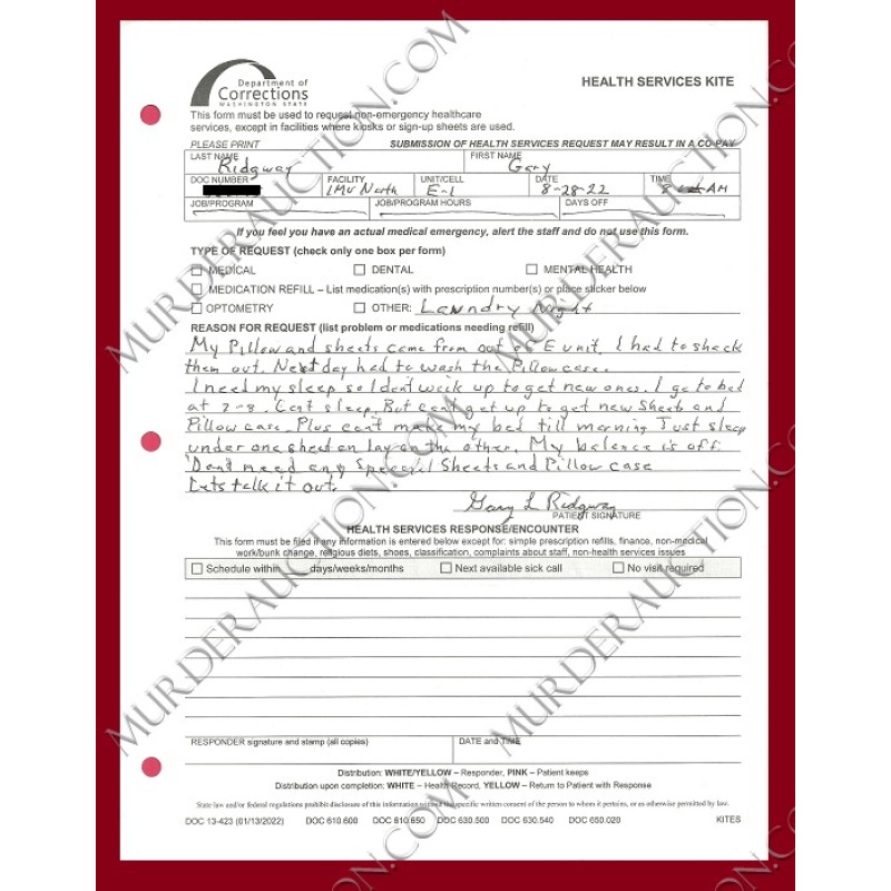 Gary Ridgway signed prison document 8/28/2022