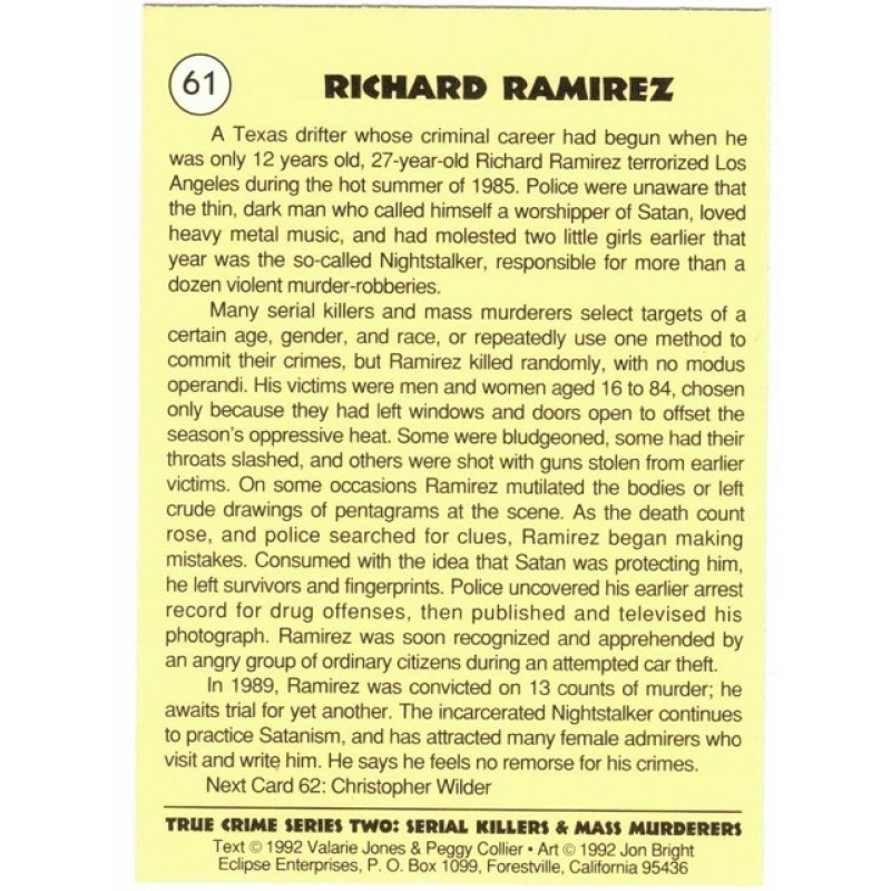 RICHARD RAMIREZ SERIES 2 TRUE CRIME TRADING CARD; CARD NO. 61