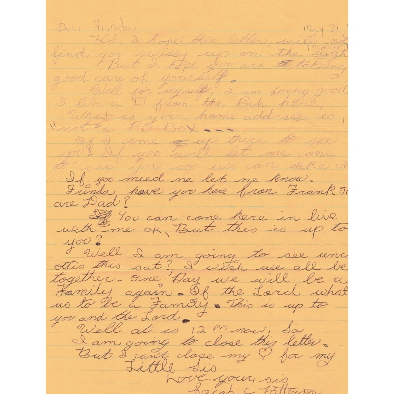 SARAH PATTERSON SIGNED LETTER - NIECE OF OTTIS TOOLE - RARE!