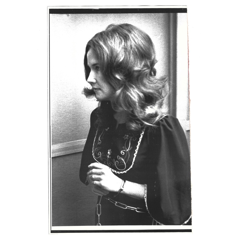 Sandra Good 1976 Press Photograph, "Back In Court" Newspaper Article On Back, Blue, Manson Family, Charles Manson