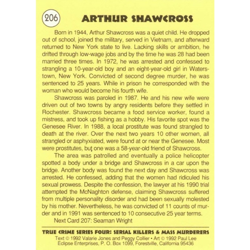 ARTHUR SHAWCROSS TRUE CRIME SERIES 4 TRADING CARD; CARD NO. 206