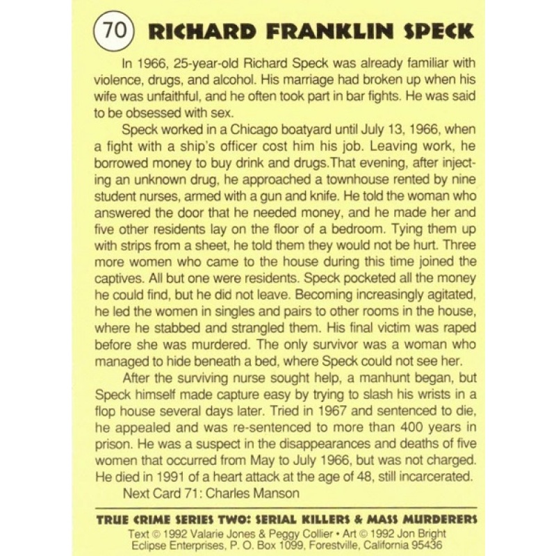 RICHARD SPECK SERIES 2 TRUE CRIME TRADING CARD; CARD NO. 70