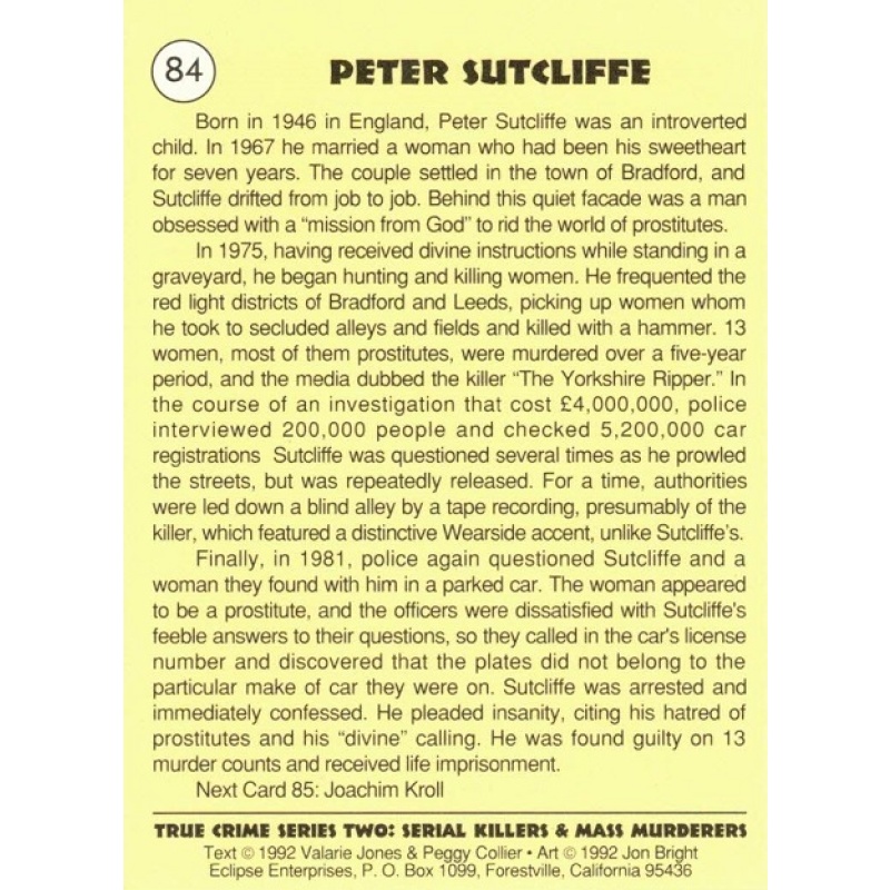 PETER SUTCLIFFE TRUE CRIME SERIES 2 TRADING CARD; CARD NO. 84