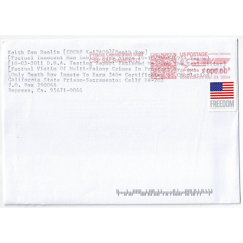 KEITH ZON DOOLIN | Sentenced To Death Back In 1996 For Murdering Two Prostitutes And Shooting Four Others | Doolin Has Been Fighting For Over Two Decades To Prove His Innocence | “I bet you will remember me.” | Typed Letter, Signed