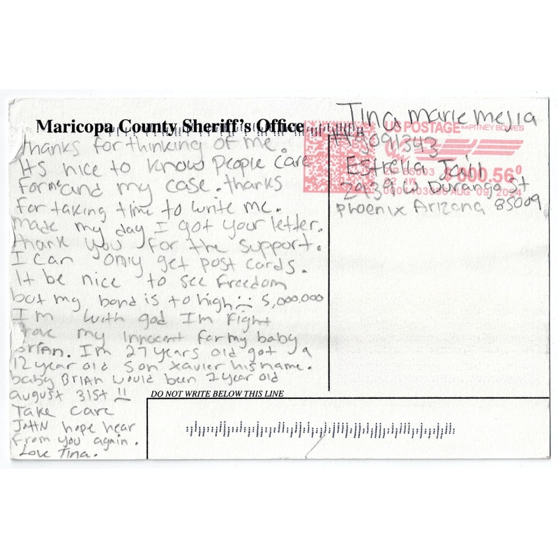 TINA MARIE MEJIA | Arizona Mother And Her Boyfriend Accused Of Murder And Child Abuse In The Death Of The Woman’s 7-Month-Old Son | Child Protective Services (CPS) is under investigation | Autographed Postcard, Signed