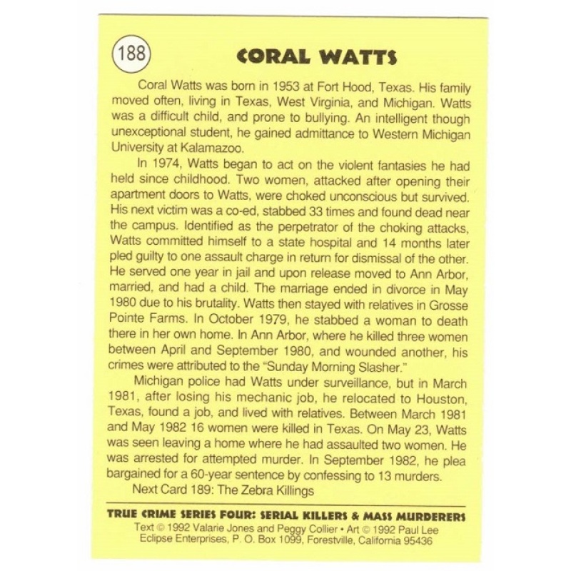 CORAL WATTS TRUE CRIME SERIES 4 TRADING CARD; CARD NO. 188