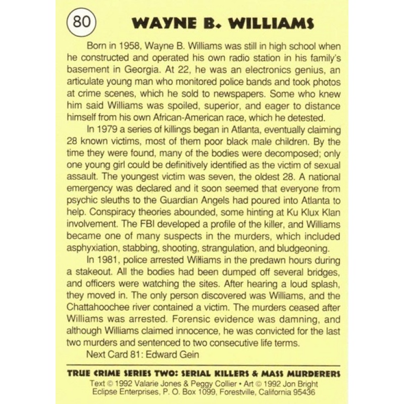 WAYNE WILLIAMS SERIES 2 TRUE CRIME TRADING CARD; CARD NO. 80