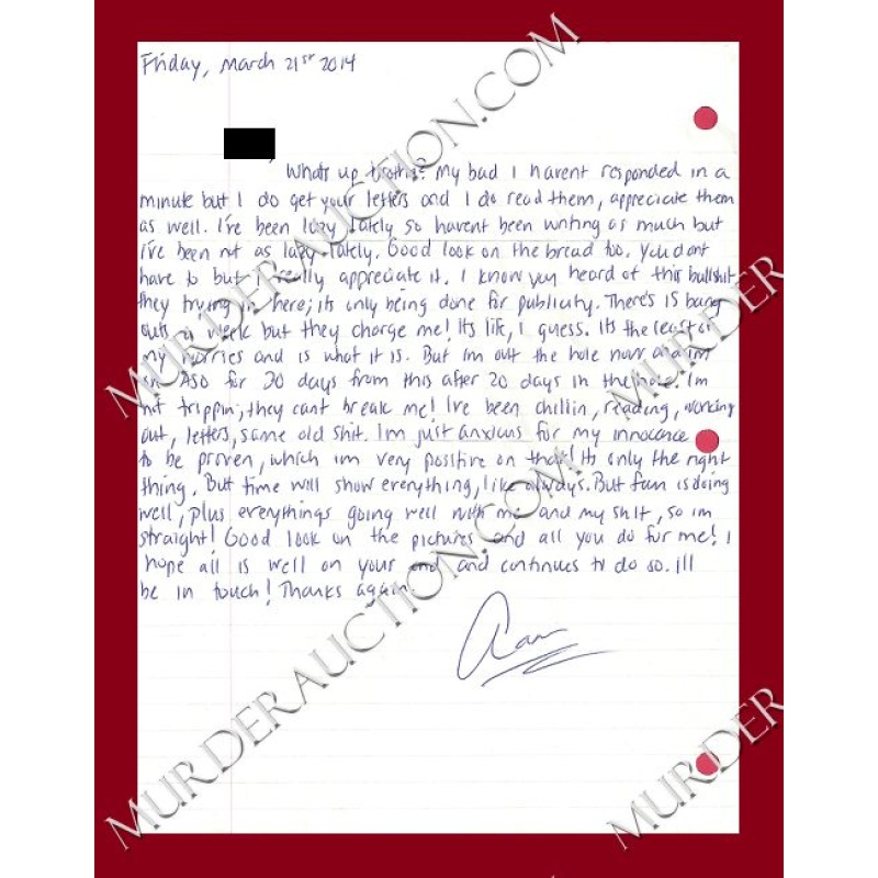 Aaron Hernandez letter/envelope 3/12/2014 DECEASED