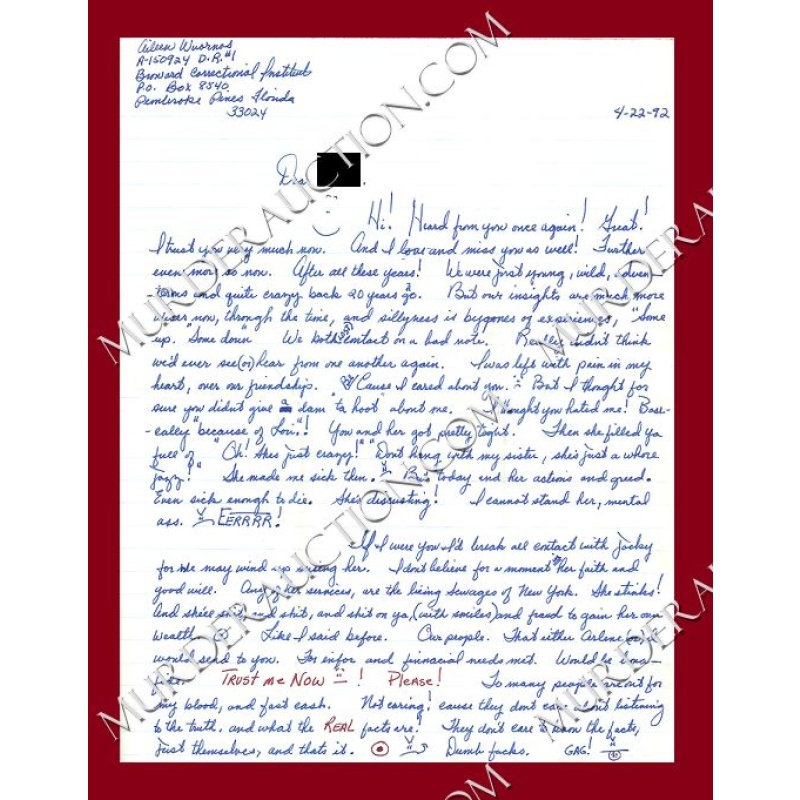 Aileen Wuornos letter 4/22/1992 EXECUTED