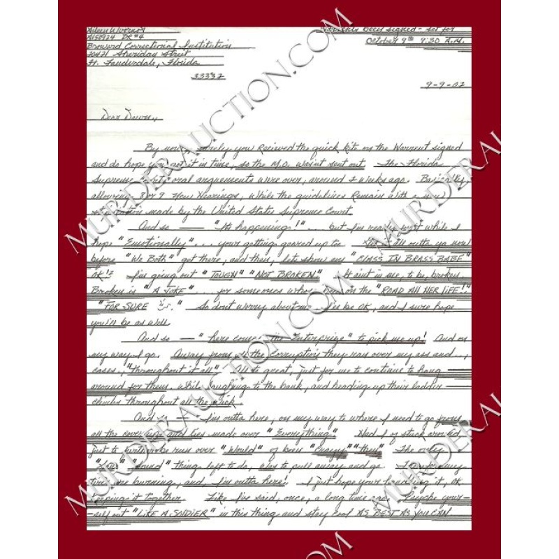 Aileen Wuornos letter 9/9/2002 EXECUTED