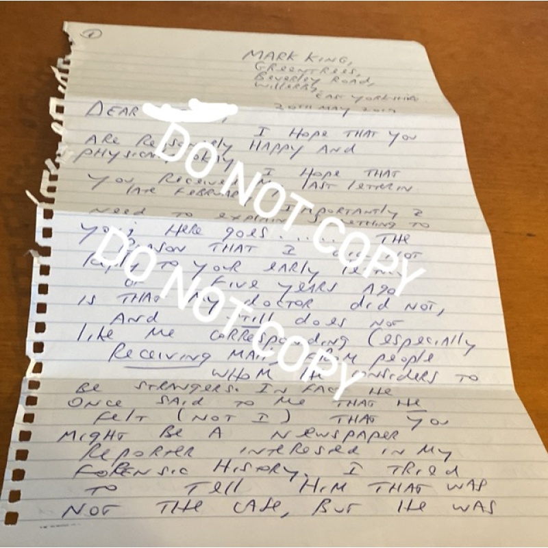 Convicted UK spree killer Mark Rowntree AKA Mark King handwritten four page letter