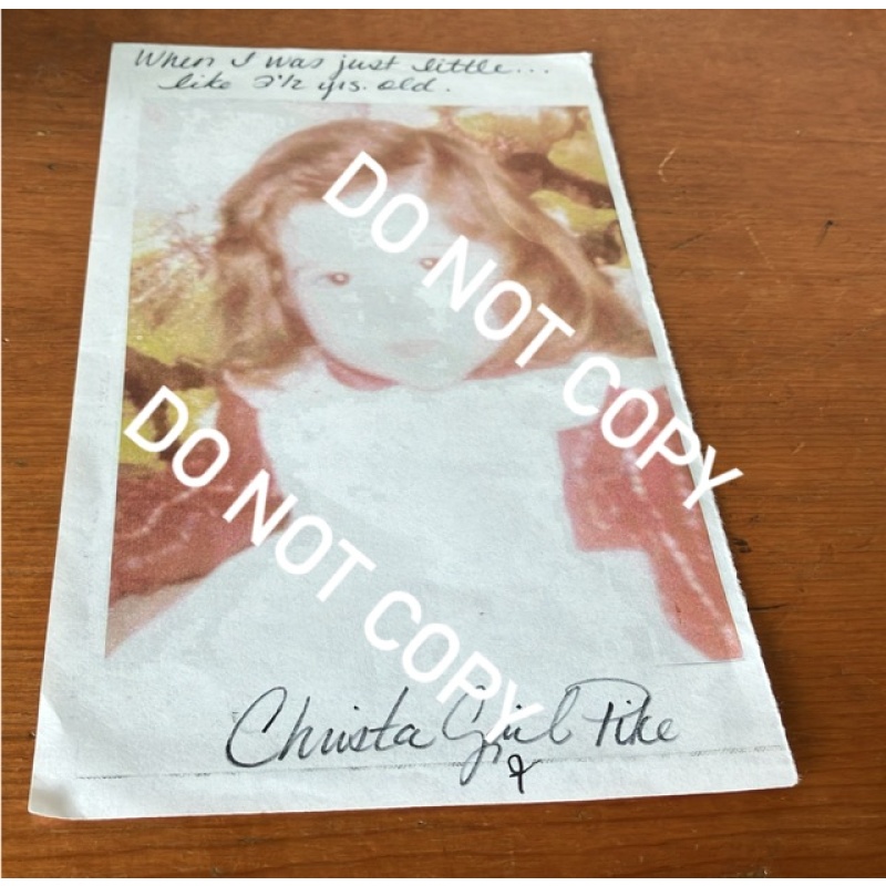 Convicted murderer Christa pike signed photograph from when she was 2 1/2 years old, on printer paper