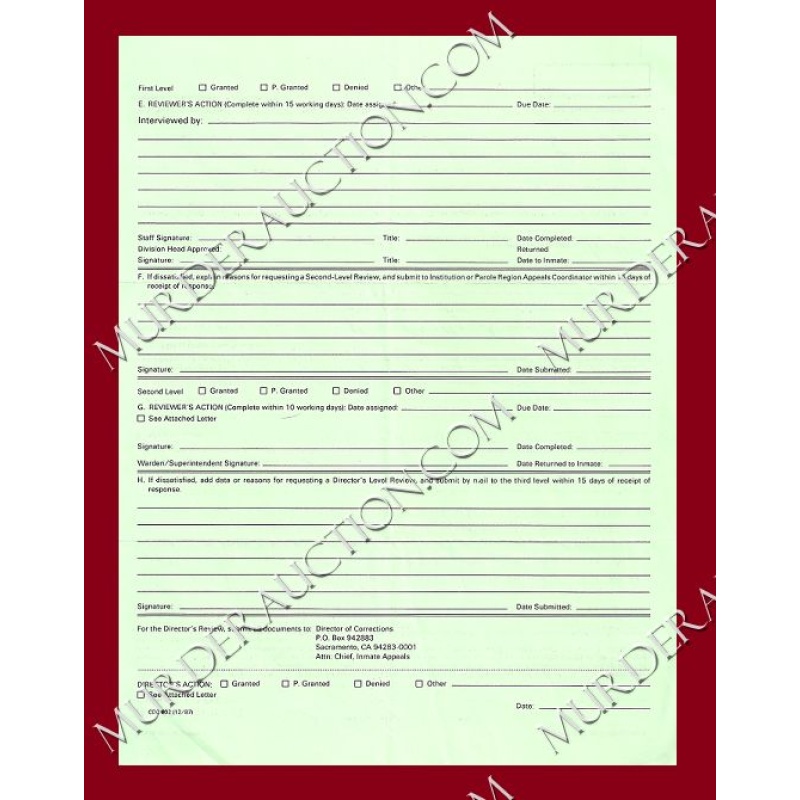 Lawrence Bittaker 602 Inmate/Parolee Appeal Form 7/23/1999 DECEASED