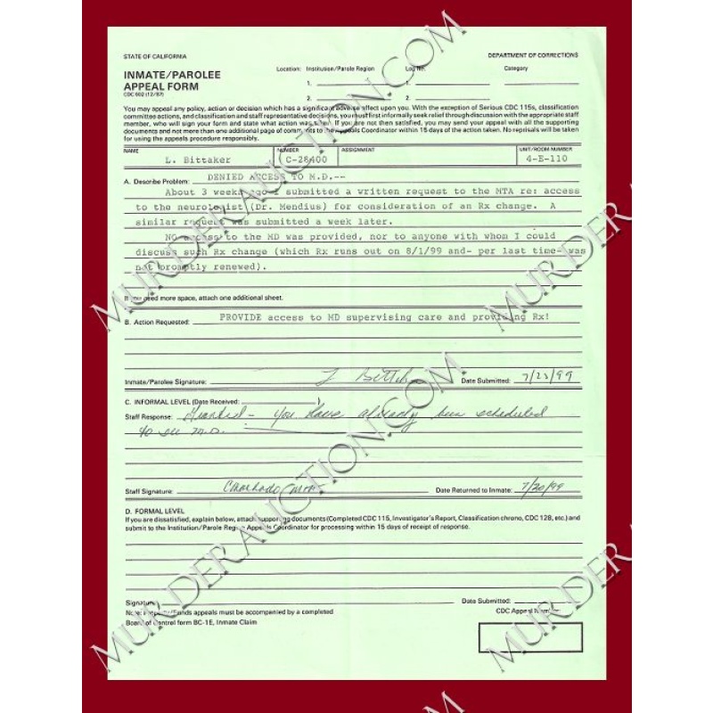 Lawrence Bittaker 602 Inmate/Parolee Appeal Form 7/23/1999 DECEASED