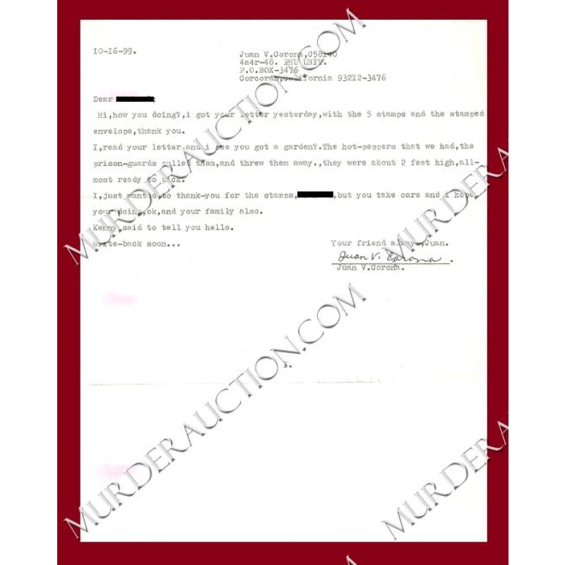 Juan Corona letter/envelope 10/16/1999 DECEASED