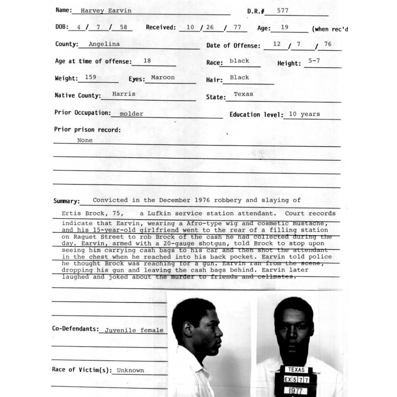 HARVEY EARVIN | Convicted In The December 1976 Robbery And Slaying Of Ertis Brock, 75, A Lufkin, TX Service Station Attendant | DR Polunsky for over 47 years | ALS | UNOPENED