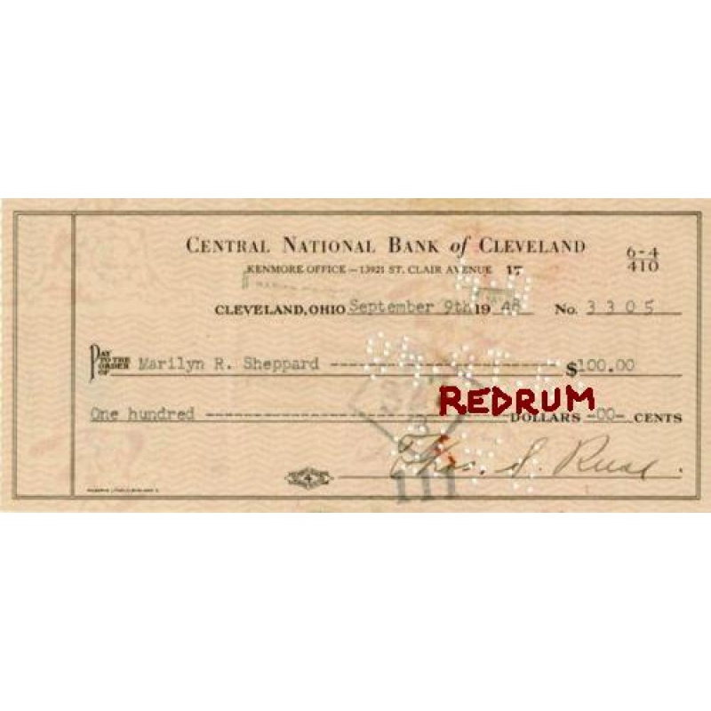 Dr. Samuel Sheppard endorsed signed check from the Bank of Cleveland from 1948