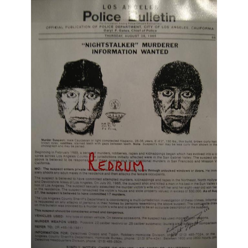 Richard Ramirez Los Angeles police bulletin 9 x 11 poster on the night stalker signed  in full w/666