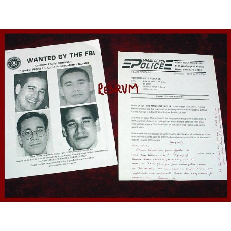 Andrew Cunanan original FBI poster and flyer to detective Boza original from his file from1997