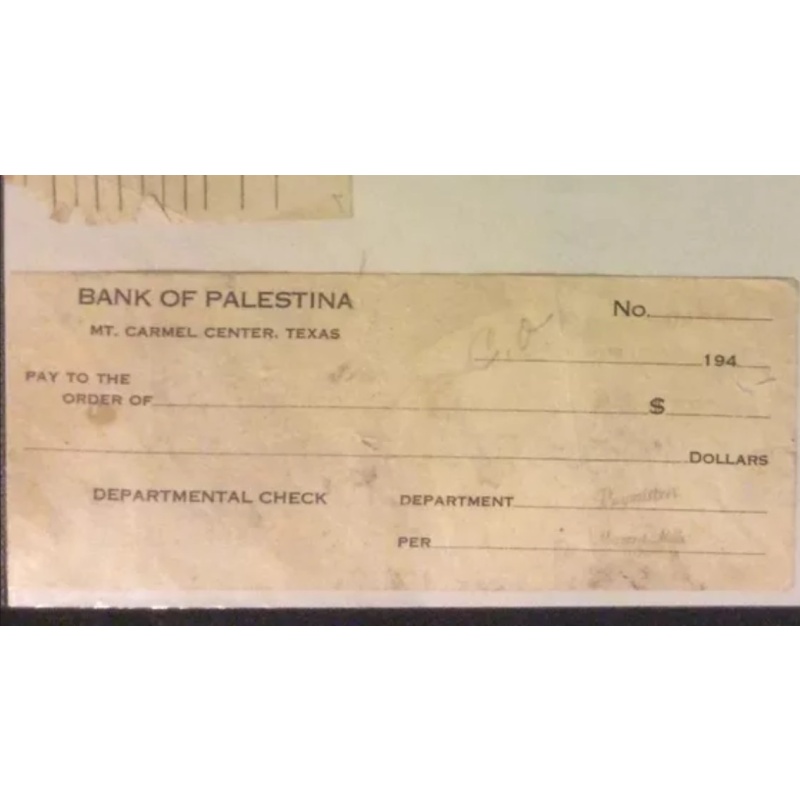 Bank of Palestina Mount Carmel Center, Texas unused check stamped Margaret Mills from the 1940's