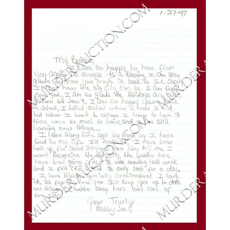 Bobby Joe Maxwell letter/envelope 1/27/1997 DECEASED