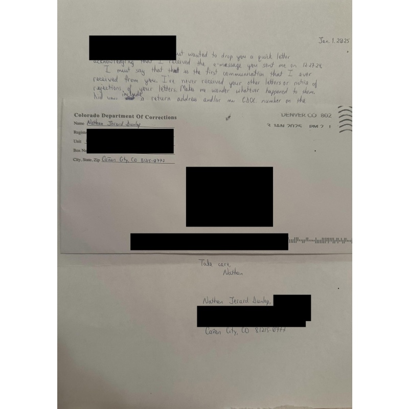 Nathan Dunlap *1993 Aurora Colorado Shooting* 1 Page Handwritten Letter & Envelope Set